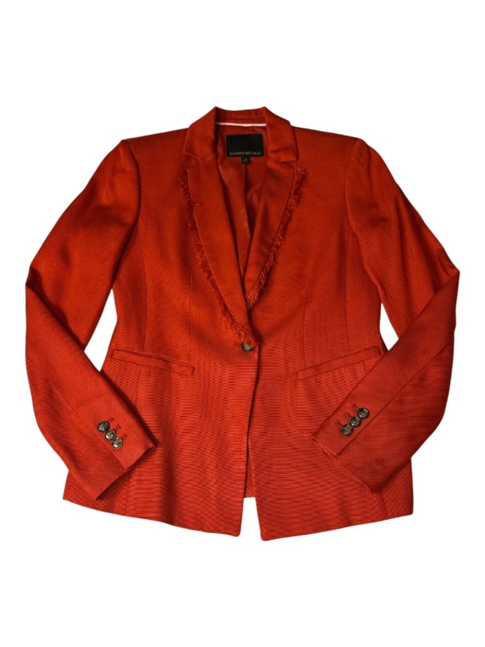 Banana Republic Red Raw Cut Fringe Blazer Tailored One Button Jacket Size 0 - Picture 2 of 11